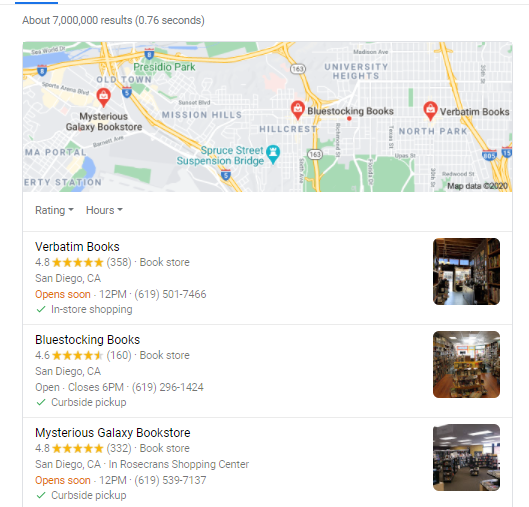 Screen shot of Google Snack Pack - improve your local SEO